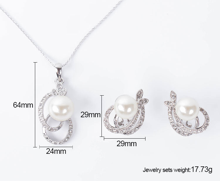 Pearl And Diamond Necklace And Earrings Two-piece Bridal Wedding Jewelry