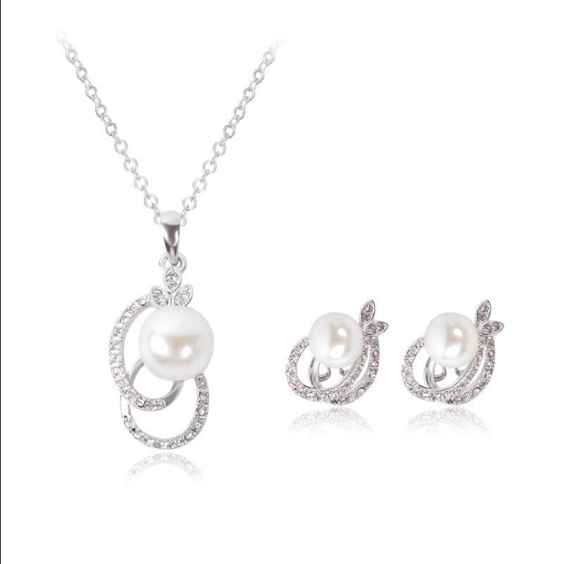 Pearl And Diamond Necklace And Earrings Two-piece Bridal Wedding Jewelry