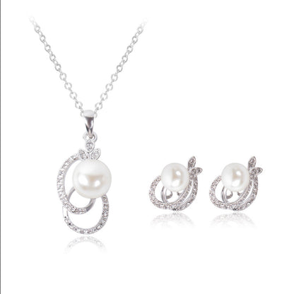 Pearl And Diamond Necklace And Earrings Two-piece Bridal Wedding Jewelry