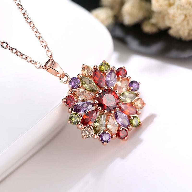 Trendy Rose Gold Zircon Jewelry Earrings Necklace Ring Three Piece Women's