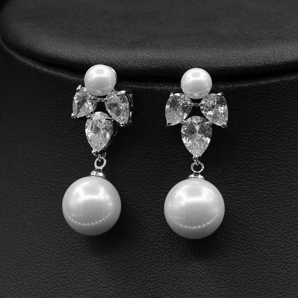 Pearl Zircon Earrings Necklace Set Dinner Jewelry