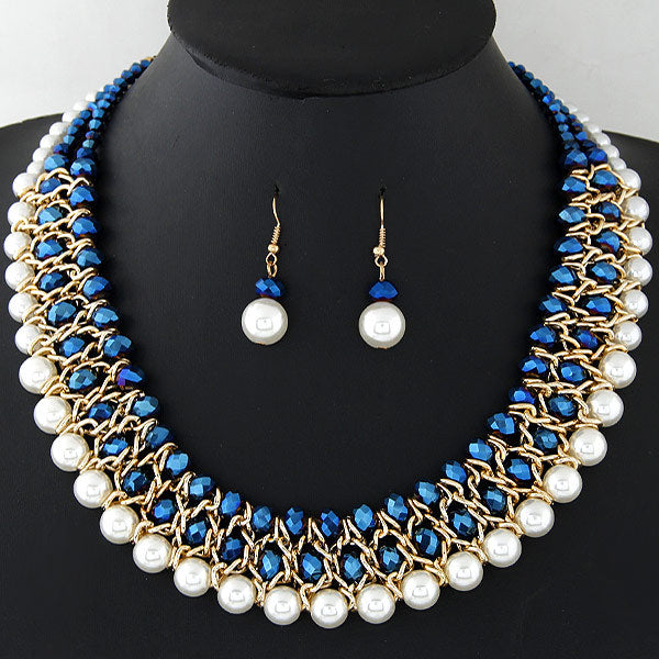 Crystal pearl woven necklace earring set