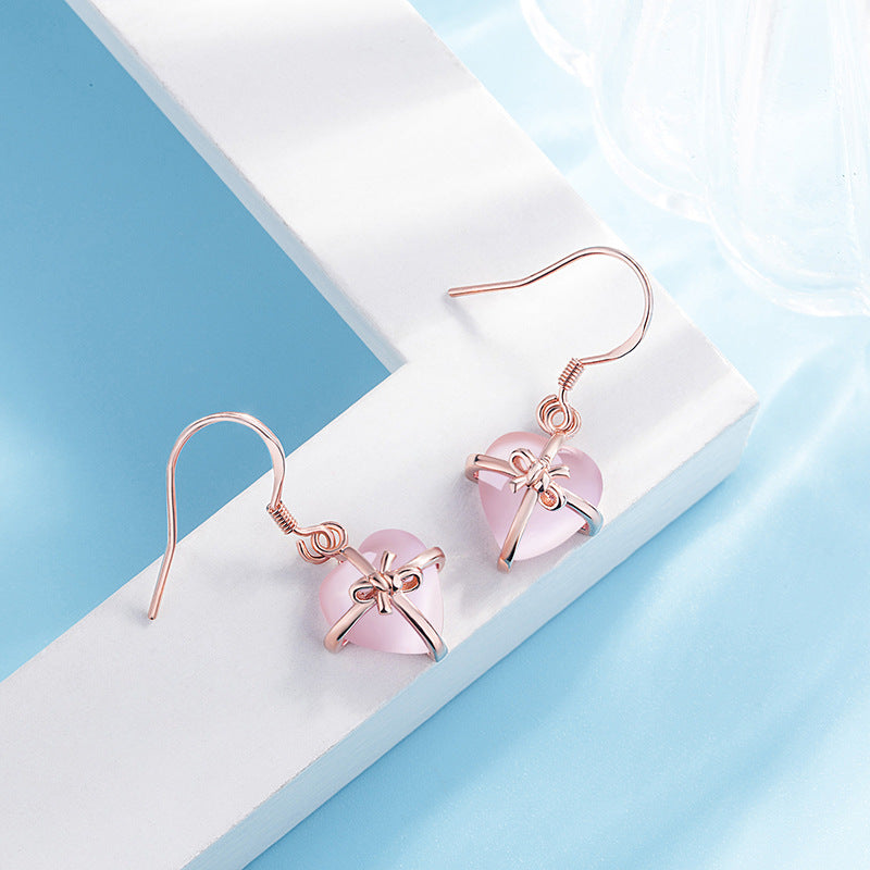 Creative Heart Pink Rose Silver Jewelry Earrings