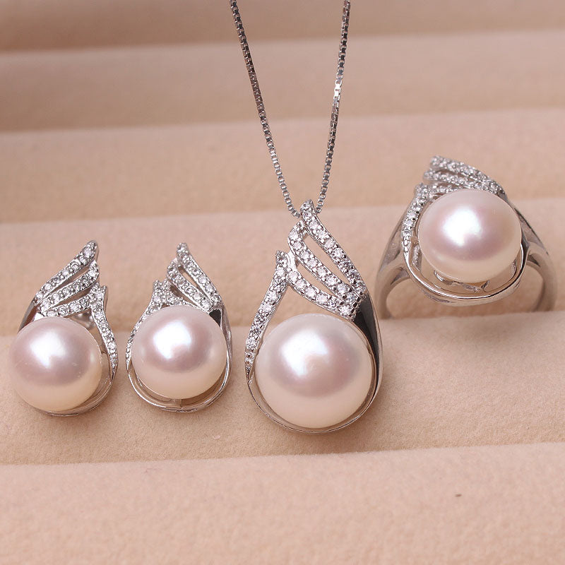 Pearl Freshwater Pendant Earring Ring three piece set