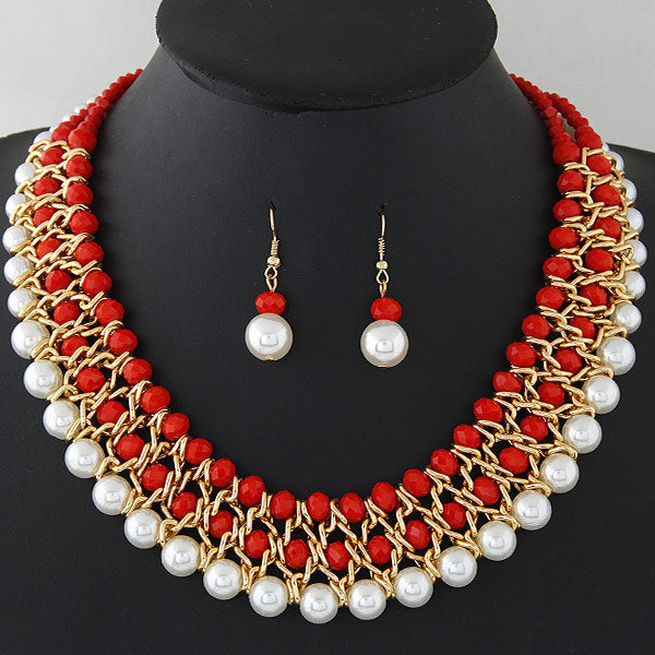 Crystal pearl woven necklace earring set