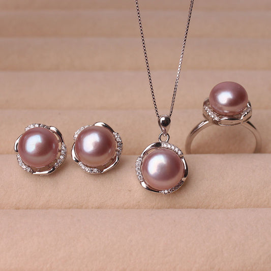 Natural Freshwater Ring Stud Earring Necklace Set