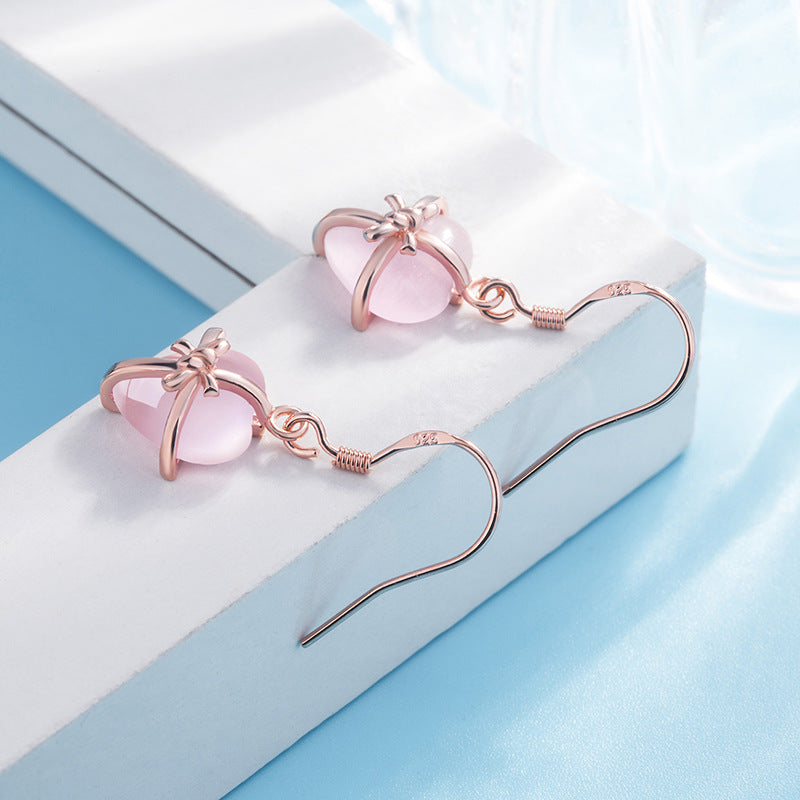 Creative Heart Pink Rose Silver Jewelry Earrings