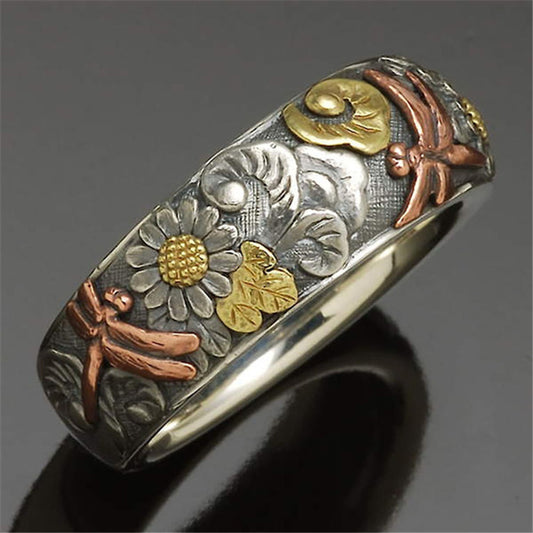 Vintage Carved Ring Flower Dragonfly Sunflower Ring
