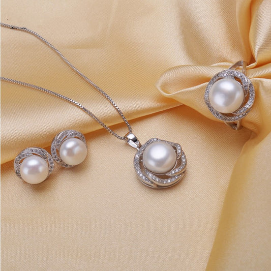 Freshwater Pearl Set Silver Ring Pearl Stud Earrings Pendant