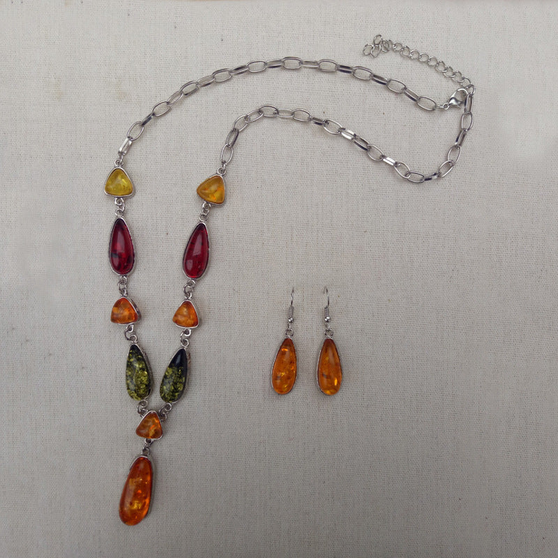 Two-piece imitation amber earrings and necklaces