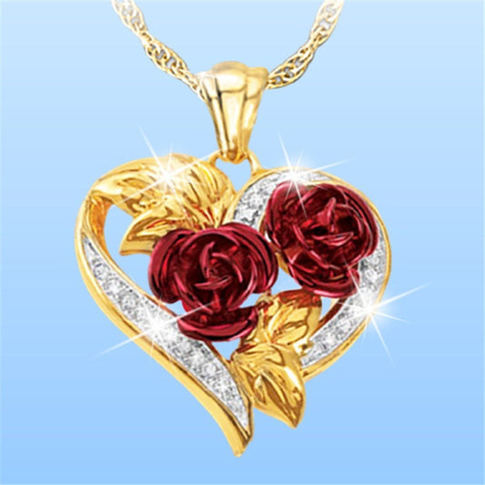 Love Heart Red Rose Flower Necklace Heart Shape