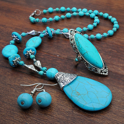 Retro Turquoise Jewelry Ethnic Style Necklace Earrings Ring Bracelet Combination Set