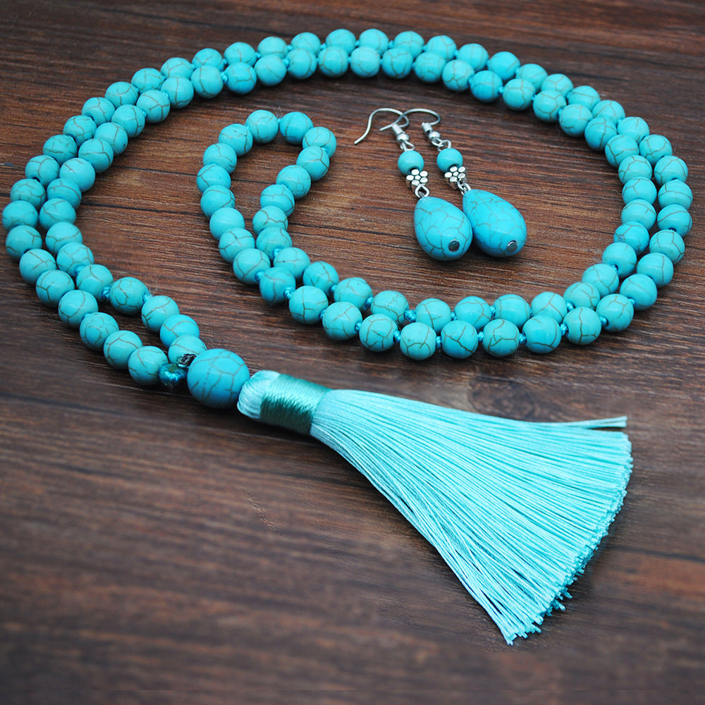 Retro Turquoise Jewelry Ethnic Style Necklace Earrings Ring Bracelet Combination Set