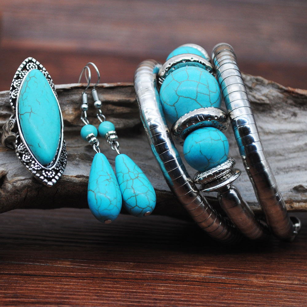 Retro Turquoise Jewelry Ethnic Style Necklace Earrings Ring Bracelet Combination Set