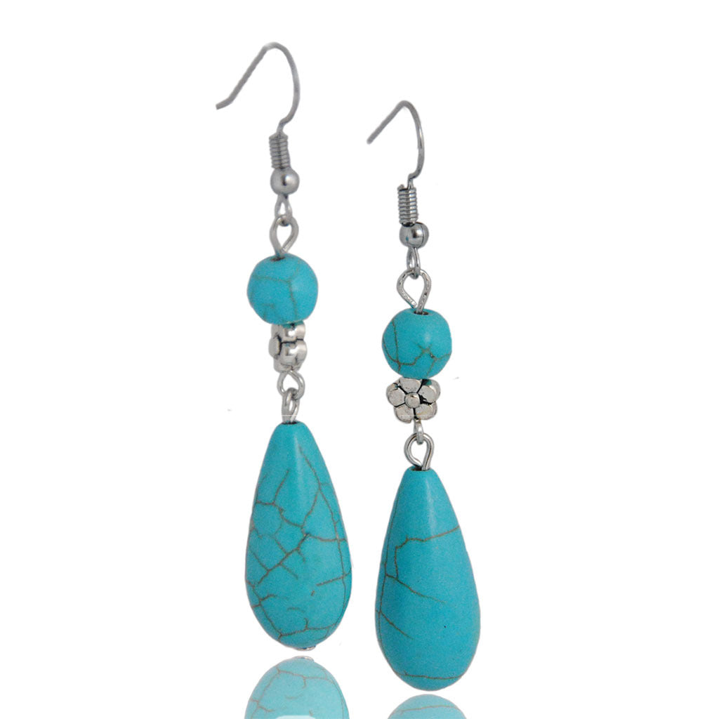 New Tibetan Silver Earrings Ethnic Style Jewelry Retro Turquoise Earrings Drop Shaped Blue Earrings Wholesale