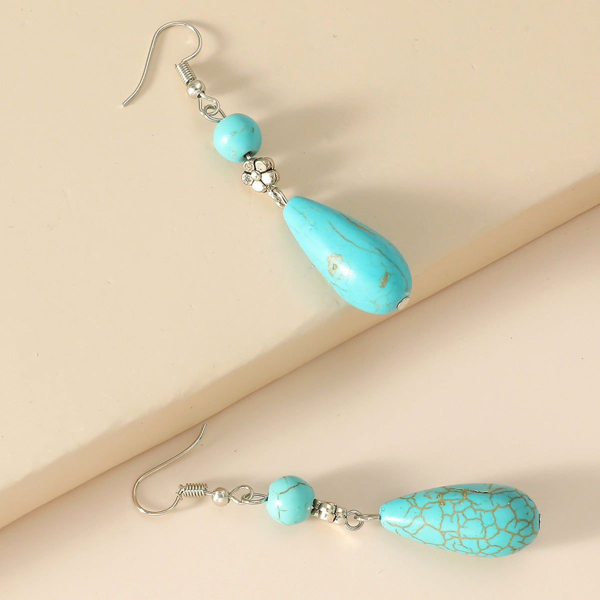 New Tibetan Silver Earrings Ethnic Style Jewelry Retro Turquoise Earrings Drop Shaped Blue Earrings Wholesale