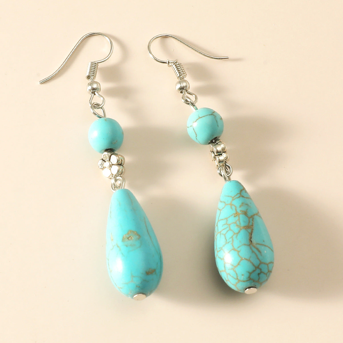 New Tibetan Silver Earrings Ethnic Style Jewelry Retro Turquoise Earrings Drop Shaped Blue Earrings Wholesale