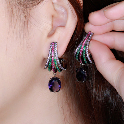 Korean Version Of The New Fashion Jewelry Brass Inlaid Colored Zircon Earrings Electroplating Platinum Earrings