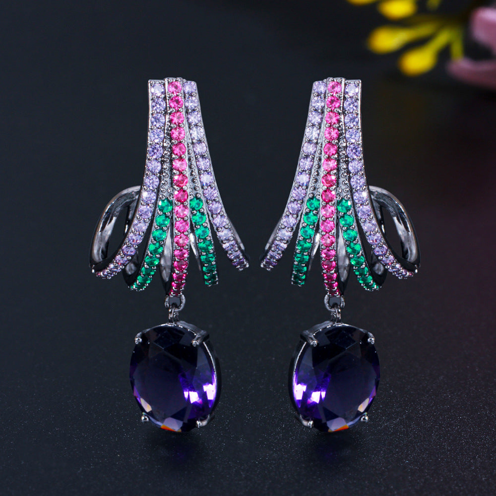 Korean Version Of The New Fashion Jewelry Brass Inlaid Colored Zircon Earrings Electroplating Platinum Earrings