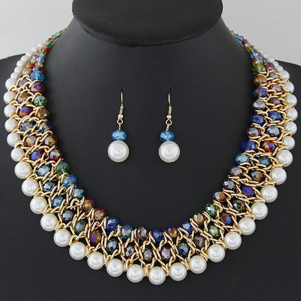 Crystal pearl woven necklace earring set