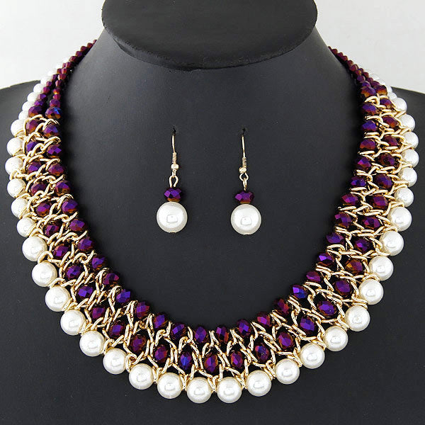 Crystal pearl woven necklace earring set