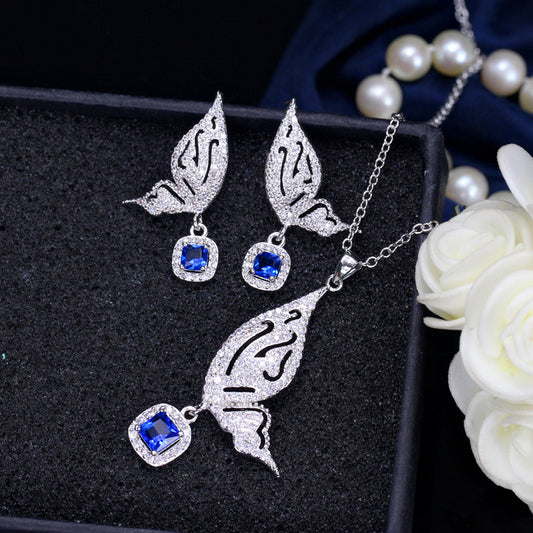 S925 Butterfly Zircon Set Two-piece Sterling Silver Pin Earring Necklace Set