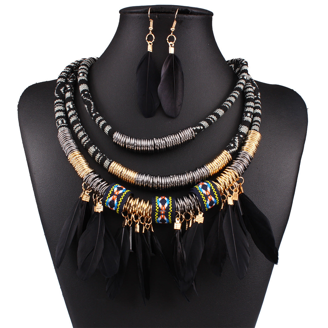 Feather tassel necklace earrings set