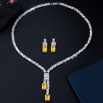 Retro Simple Geometric Full Inlaid Square Zircon Set Necklace Earrings Two-piece Banquet Accessories