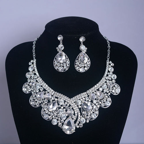 TL085 factory direct selling bridal jewelry wholesale Korean diamond, glass necklace, earrings set wedding accessories