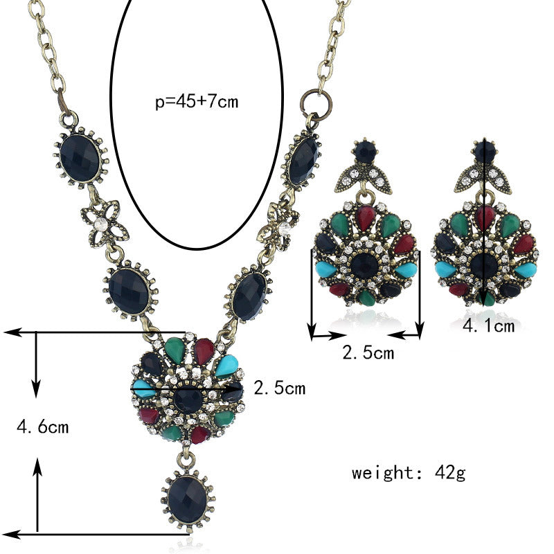 European And American Fashion Cool Classical Court Ethnic Style Earrings Jewelry Retro Necklace Set With Colorful Gems