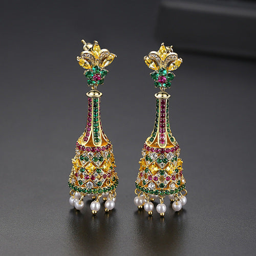 Jinse Jin Margin Earrings New Creative Retro Color Long Bells Pearl Female Palace Banquet Earrings Earrings