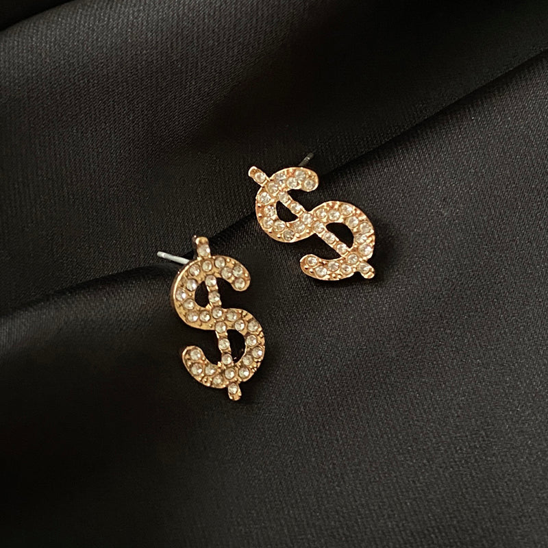 Creative Alloy Dollar Sign Design Stud Earrings for Women Girls Lady Party Gift Gold Rhinestone Jewelry