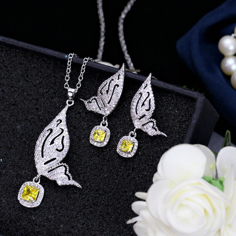 S925 Butterfly Zircon Set Two-piece Sterling Silver Pin Earring Necklace Set