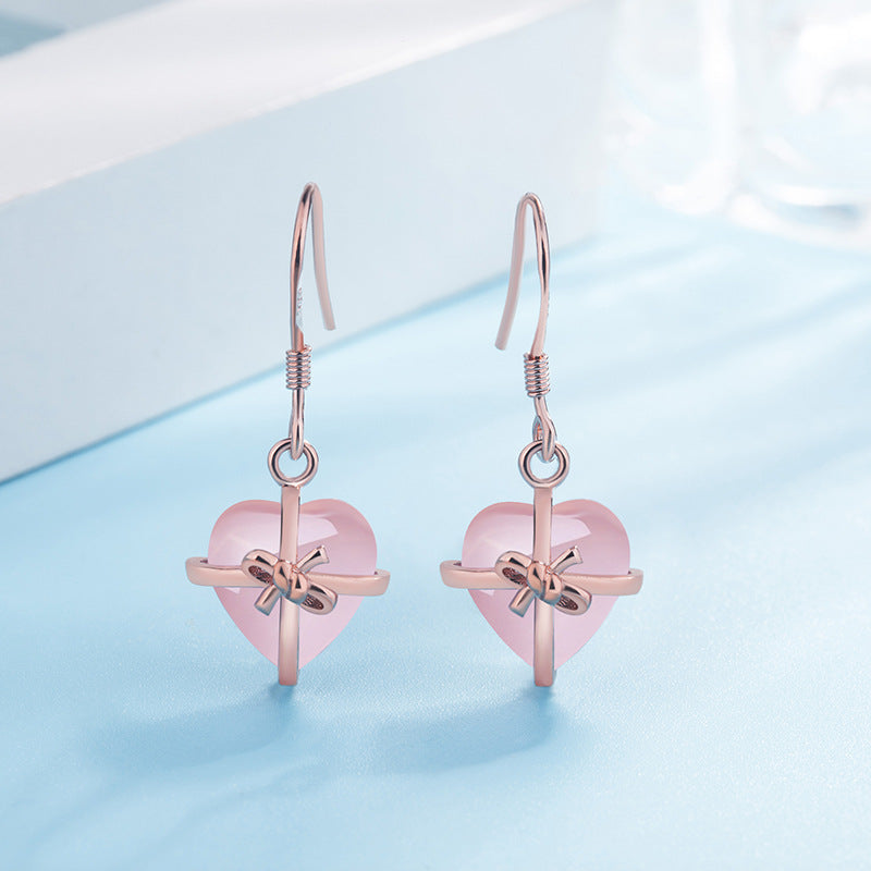 Creative Heart Pink Rose Silver Jewelry Earrings