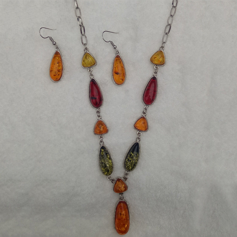 Two-piece imitation amber earrings and necklaces