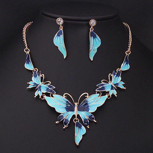 Drop Oil Butterfly Necklace Earring Set