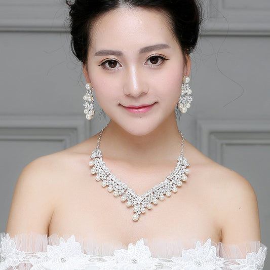 White pearl necklace diamond suit bride wedding accessories hair earrings set 0284