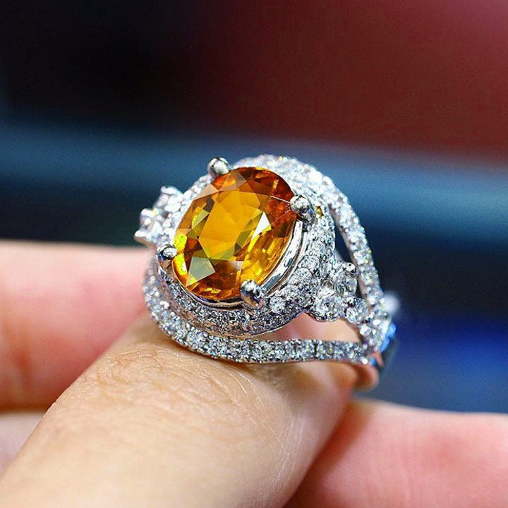 Cross-border wish Amazon new European and American new hot fashion champagne yellow zircon ring female wedding jewelry