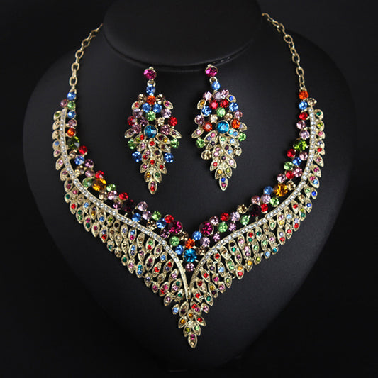 Full Rhinestone Color Clavicle Necklace And Earring Set
