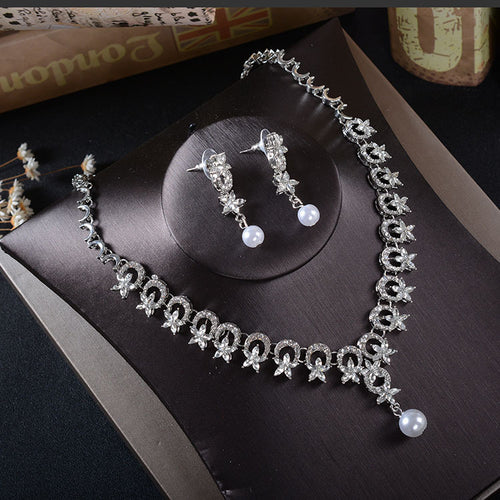 TL211 bridal jewelry earrings, necklace two pieces, Korean Rhinestone Pearl set, wedding dress, Tiara accessories