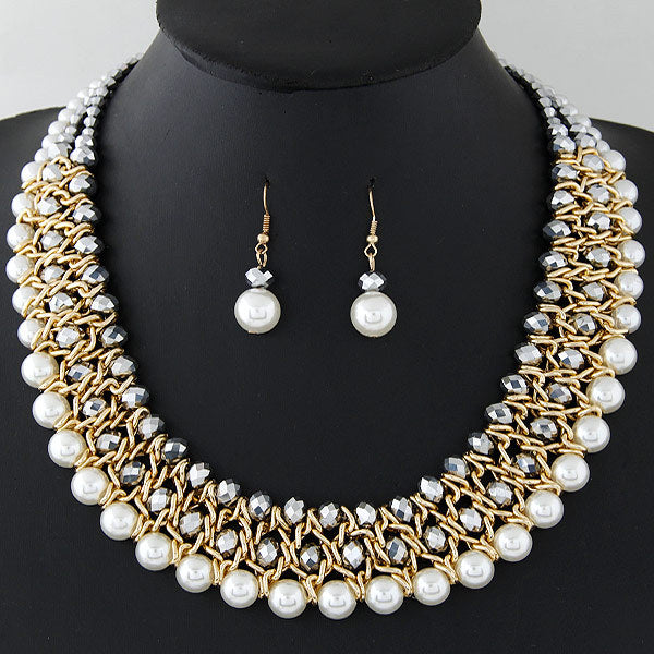 Crystal pearl woven necklace earring set