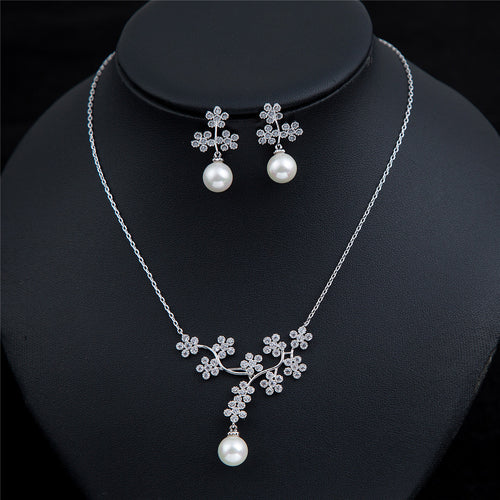 Fashion bride wedding jewelry set pearl necklace earrings earpins girls zircon stainless steel spot