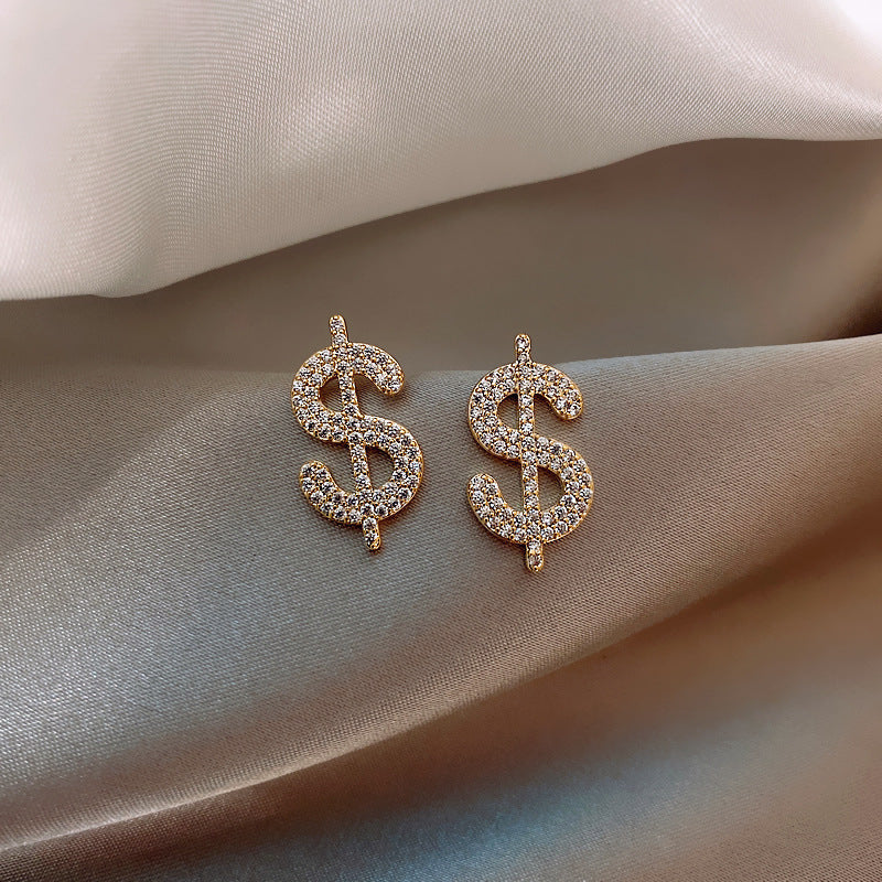 Creative Alloy Dollar Sign Design Stud Earrings for Women Girls Lady Party Gift Gold Rhinestone Jewelry