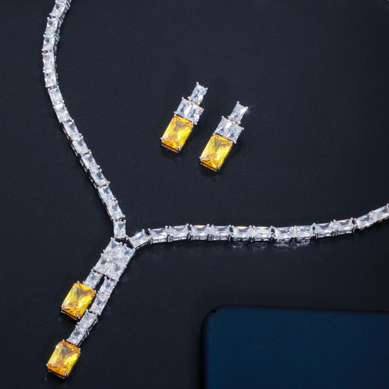 Retro Simple Geometric Full Inlaid Square Zircon Set Necklace Earrings Two-piece Banquet Accessories