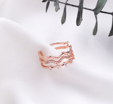 Three-layer wave opening micro-inlaid zircon ring in the index finger decorative ring accessories Korean ring ring female