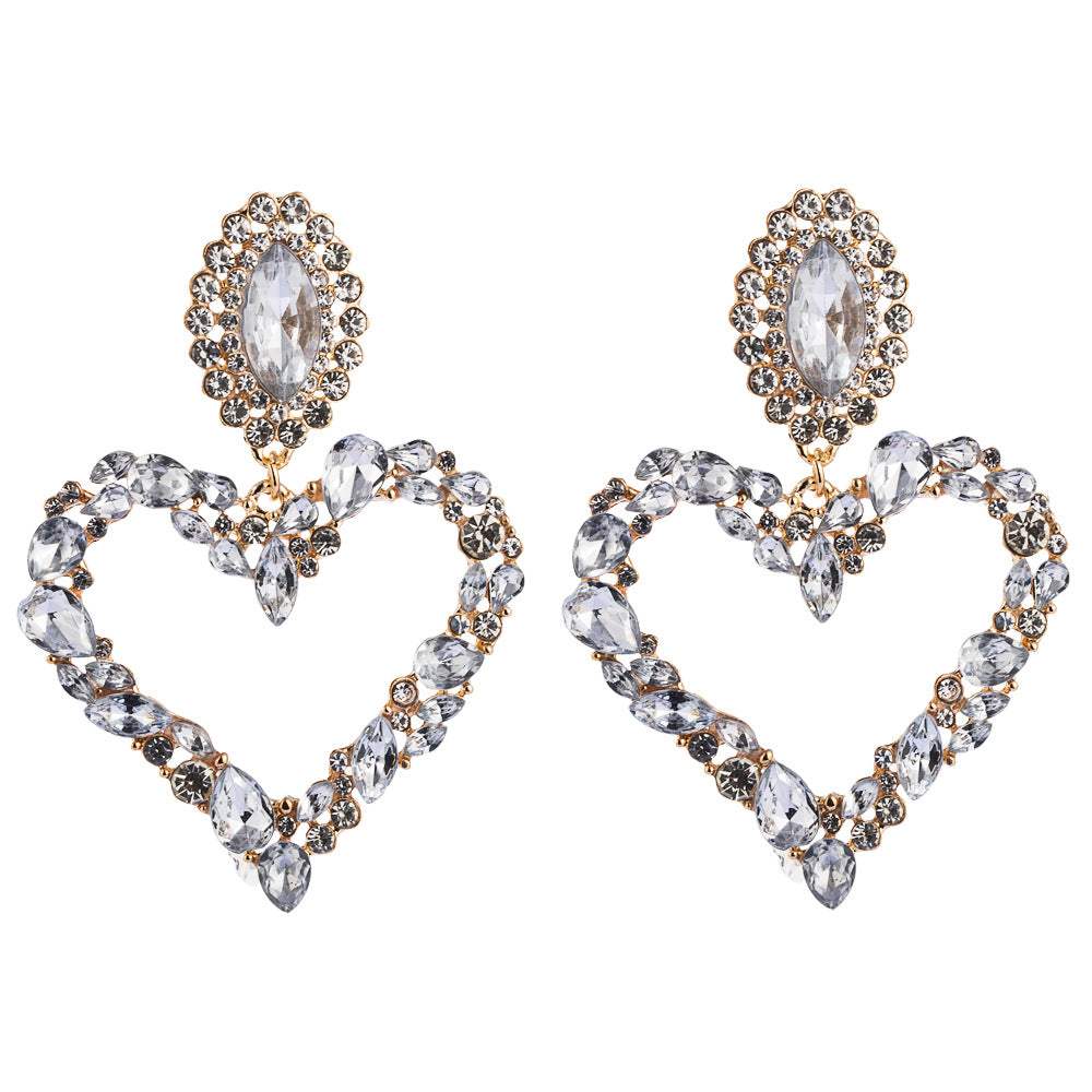 Heart shaped alloy inlaid diamond earrings