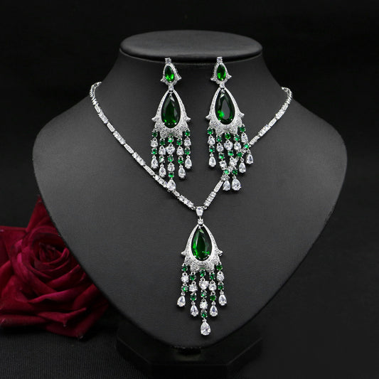 Vintage Elegant Temperament Bridal Wedding Jewelry Zircon Necklace Tassel Earrings