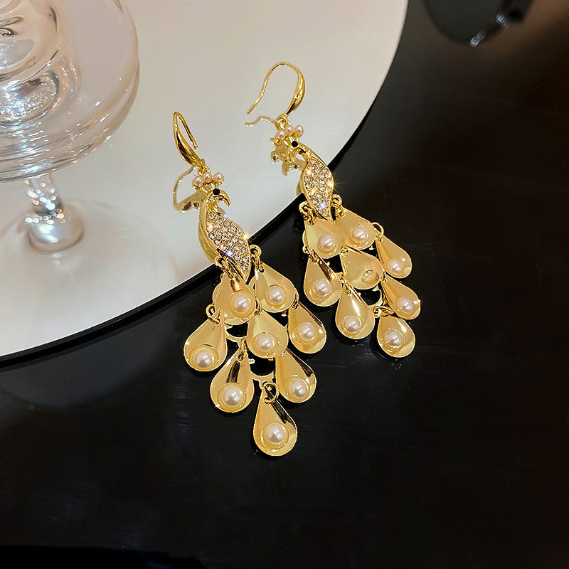 Exaggerated Peacock Pearl Earrings Exquisite Women Jewelry Party Accessory Pendant High Quality Vintage Trend Hanging Earrings