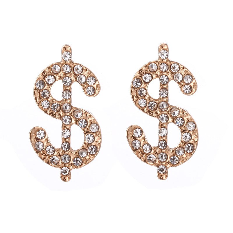 Creative Alloy Dollar Sign Design Stud Earrings for Women Girls Lady Party Gift Gold Rhinestone Jewelry