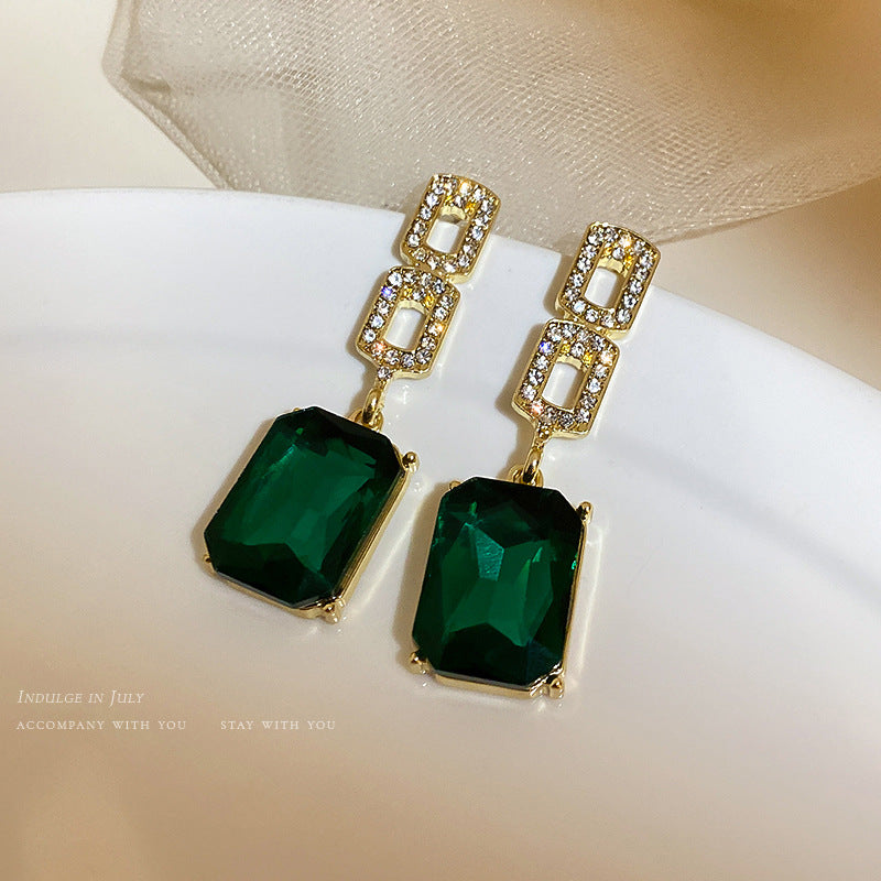 Silver Needle Zircon Emerald Crystal Geometric Earrings Necklace Set